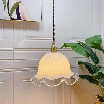 French Modern Minimalist Floral Brass Glass 1-Light Pendant Light