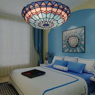 Luz de techo empotrada de 3 luces con vidrio teñido redondo mediterráneo tradicional Tiffany para sala de estar 