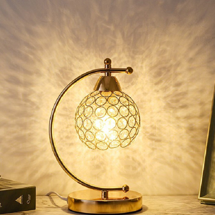 Modern Luxury Crystal Iron Round 1-Light Table Lamp For Bedroom