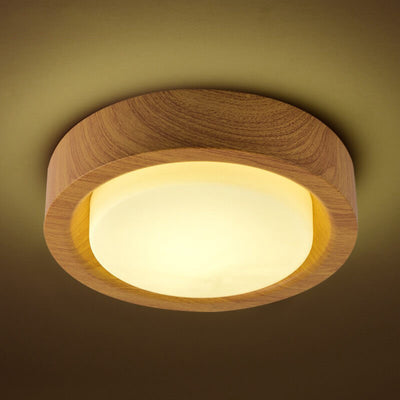 Traditional Japanese Round Glass Wood Grain LED Flush Mount Ceiling Light For Bedroom