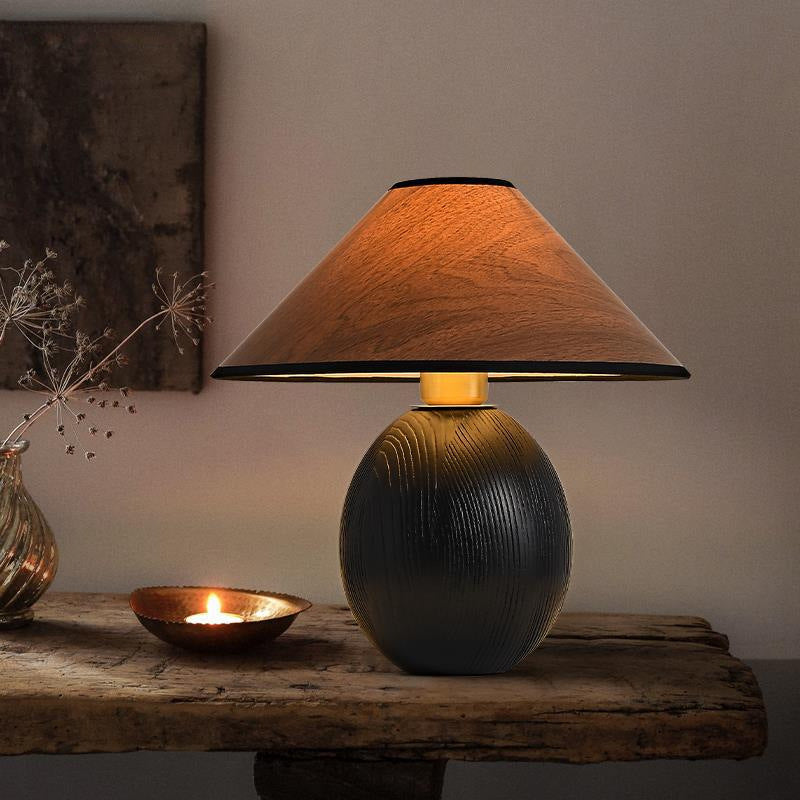 Lampe de table en bois massif trapézoïdal rond japonais traditionnel avec tissu 1 lumière pour chambre 