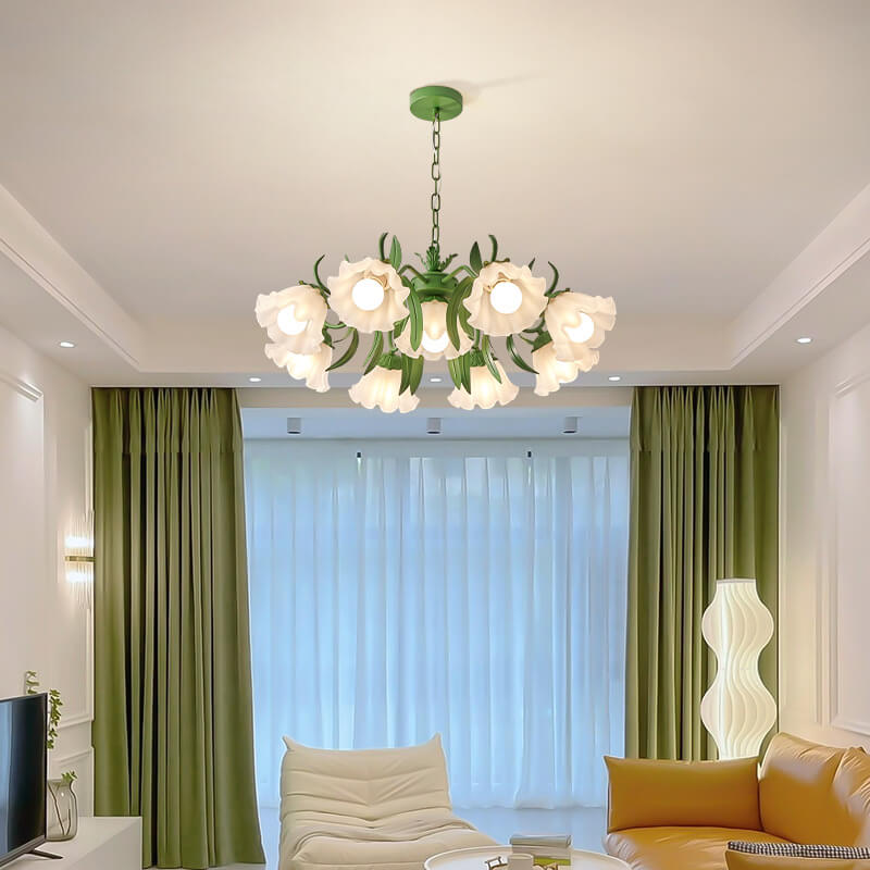 Zeitgenössischer Kreativer Glocken-Orchideenblume Eisen Glas 4/6/7/9 Licht Kronleuchter für Wohnzimmer 