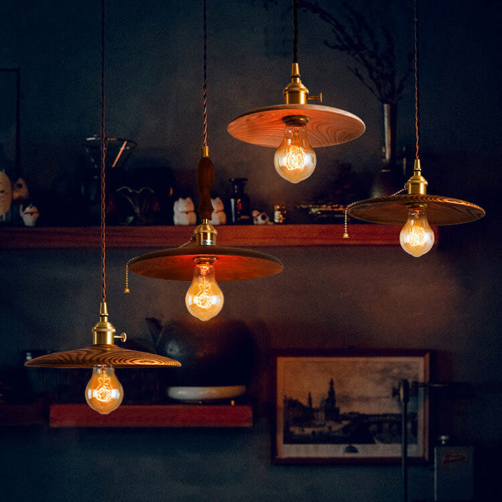 Contemporary Retro Ash Wood Copper Round Dish Irregular Grain 1-Light Pendant Light For Dining Room