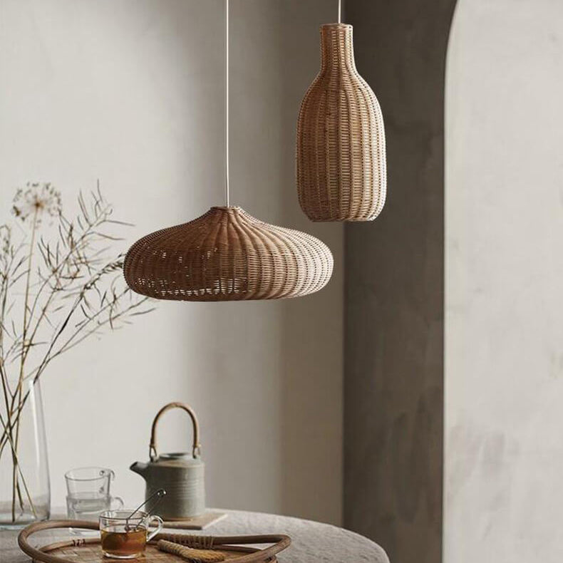 Japanese Vintage Rattan Weaving Round Oval Jar 1-Light Pendant Light