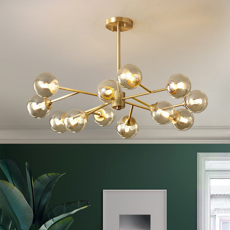Lustre moderne de style mi-siècle avec cadre en laiton et abat-jour en verre moléculaire à 6/9/12/15 lumières pour salon 