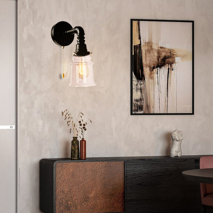 Contemporary Industrial Clear Glass Bell Pipe Iron 1-Light Wall Sconce Lamp For Bedroom