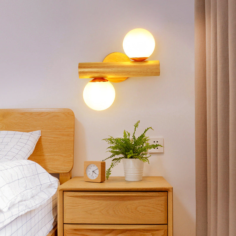 Applique murale à 2 lumières avec verre, matériel en bois, orbe cylindrique minimaliste moderne pour chambre 