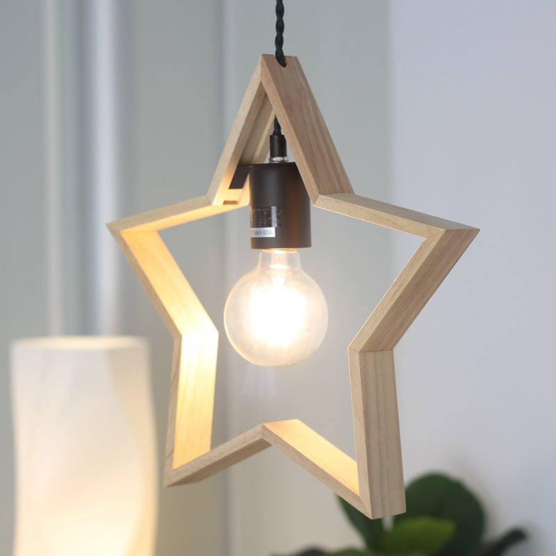 Zeitgenössische kreative Massivholz Pentagramm Stern 1-Licht Pendelleuchte für Wohnzimmer 