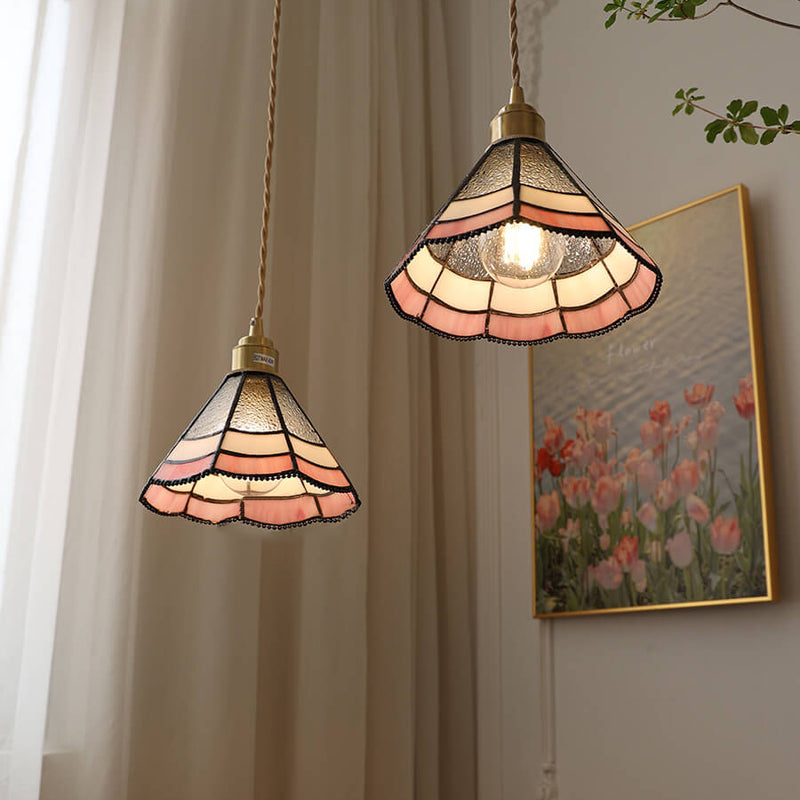 Nostalgic Pastoral Brass Pink Lace Water-Grain Glass 1-Light Pendant Light