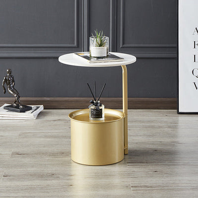 Table d'appoint moderne minimaliste ronde en fer avec plateau en pierre - 1 rangement pour salon 