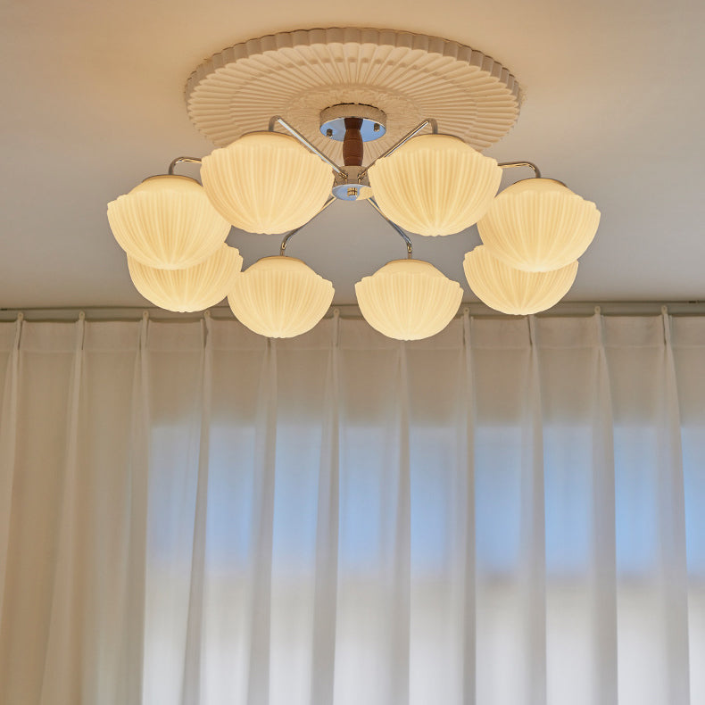Traditionelle französische Schüssel geripptes Eisen Holz Glas 3/5/8 Licht Halbbündige Deckenleuchte für Wohnzimmer 