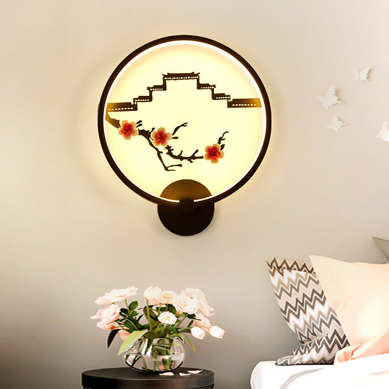 Traditionelle chinesische runde Pflaumenblüte Lotusblatt Aluminium Acryl LED Wandleuchte Lampe für Wohnzimmer 