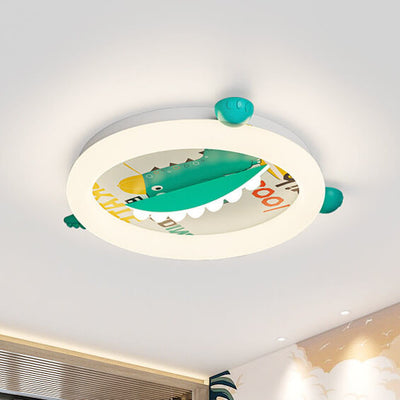 Contemporary Creative Kids Round Dinosaur Iron Acrylic Plastic LED Ceiling Light For Bedroom