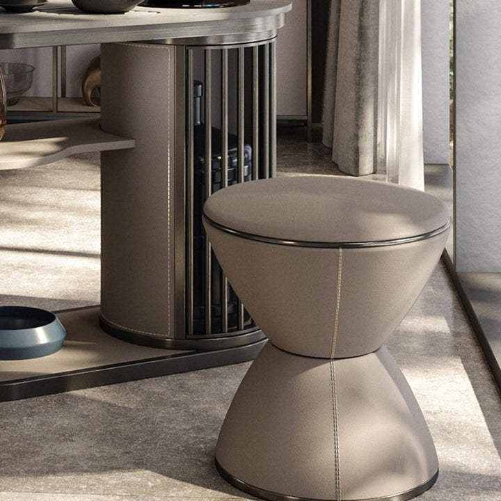 Tabouret bas rond minimaliste moderne en forme de sablier en cuir microfibre et acier inoxydable pour salon 