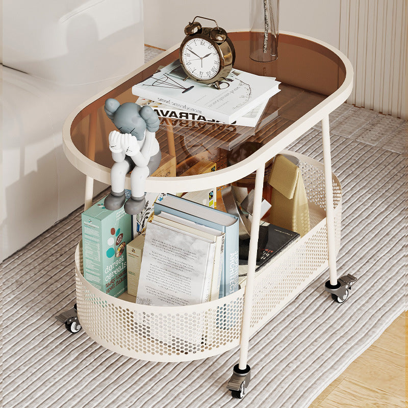 Mesa Auxiliar Rectangular de Hierro y Vidrio Minimalista Moderna de 2 Niveles para Sala de Estar 