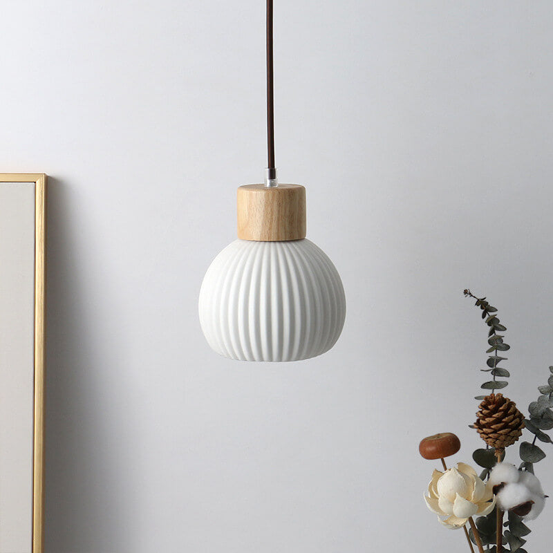 Japanese Harajuku Solid Wood Pleated Ceramic Round 1-Light Pendant Light