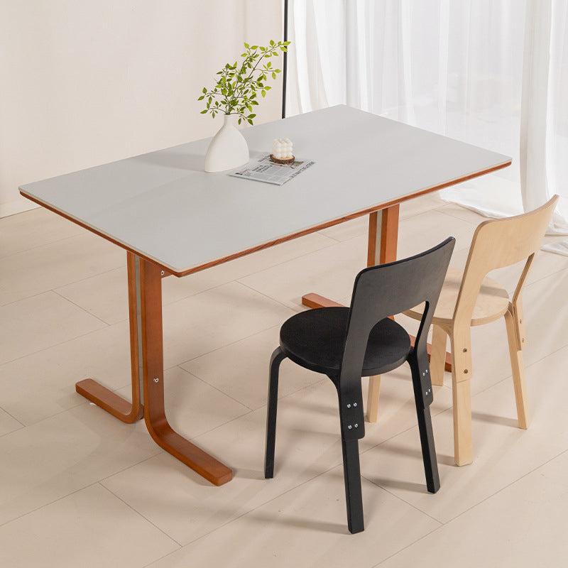 Table de salle à manger rectangulaire contemporaine rétro avec pieds incurvés en ardoise, bois et fer pour 4 places 
