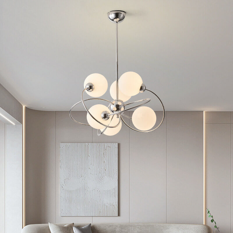 Moderner Mid-Century Kronleuchter mit milchweißem Glasball und Chromring, 6-Licht für Wohnzimmer 