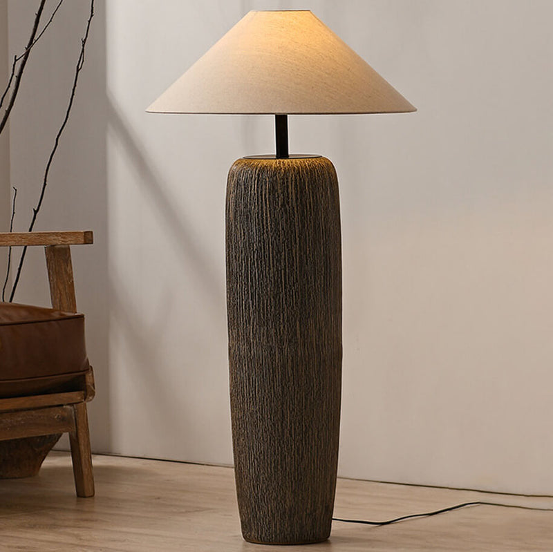 Japanese Wabi-sabi Fabric Shade Ceramic Column Base 1-Light Standing Floor Lamp