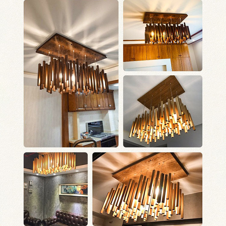 Chandelier rectangulaire en bois contemporain créatif à 8 lumières pour salle à manger 