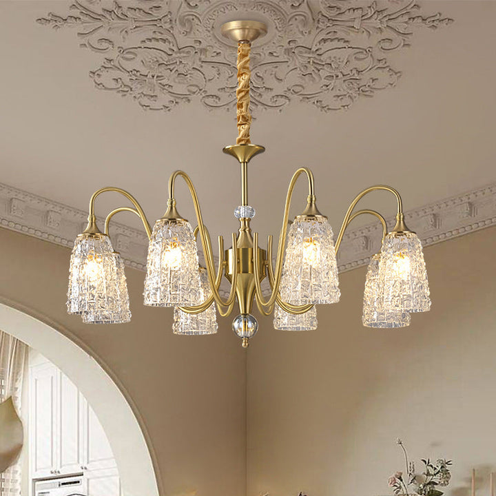 Traditioneller französischer Kronleuchter mit Vollkupferrahmen und Wasserwellen-Glasbecherschirm, 5/6/8/10 Lichter, für Wohnzimmer 