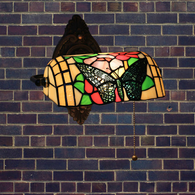 Traditional Tiffany Butterfly Half Cylinder Zinc Stained Glass 1-Light Wall Sconce Lamp For Living Room