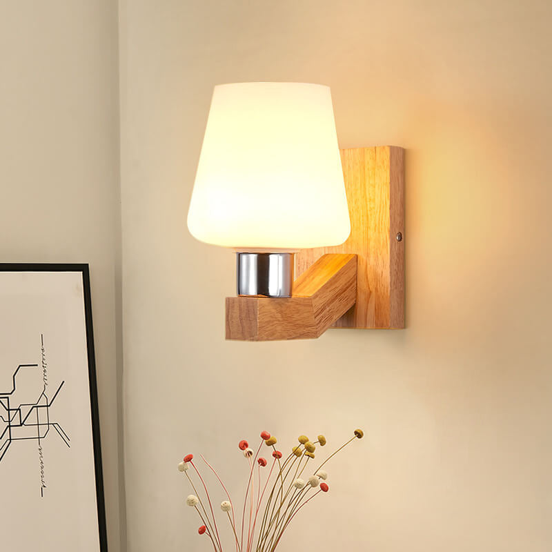 Modern Minimalist Rubberwood Glass Iron Geometric Design 1-Light Wall Sconce Lamp For Living Room &amp; Bedroom