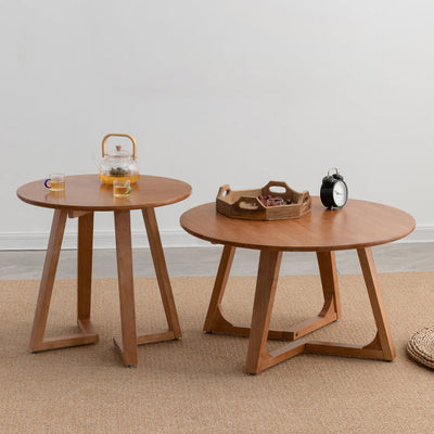 Table basse contemporaine en bois rond avec pieds en V pour salon 
