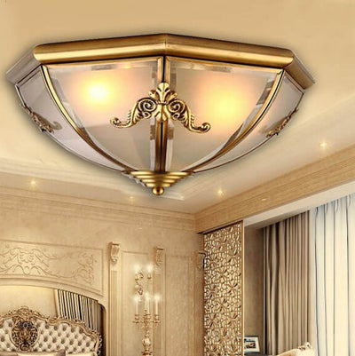 European Luxury Full Copper Conical Glass Lampshade 2/3/6-Light Flush Mount Ceiling Light