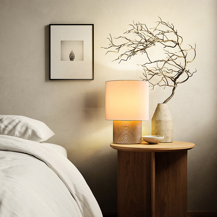 Traditionelle Bauernhaus Zylinder Holz Stoff 1-Licht Tischlampe für Nachttisch 