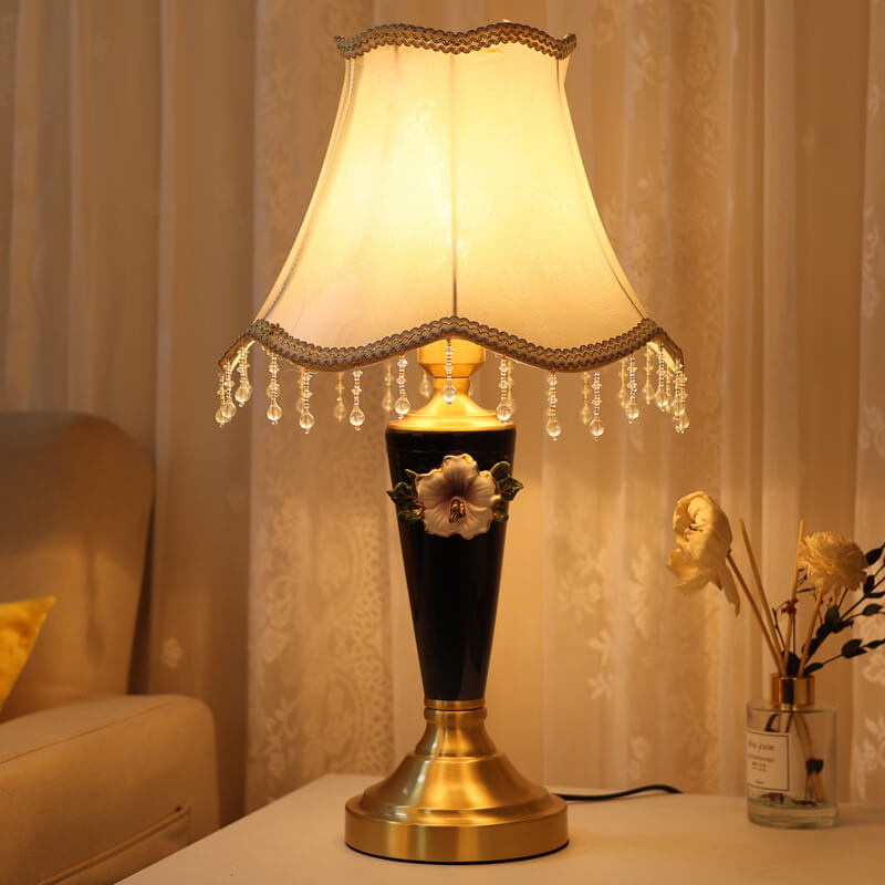 Vintage European Ceramic Floral Pleated Fabric 1-Light Table Lamp