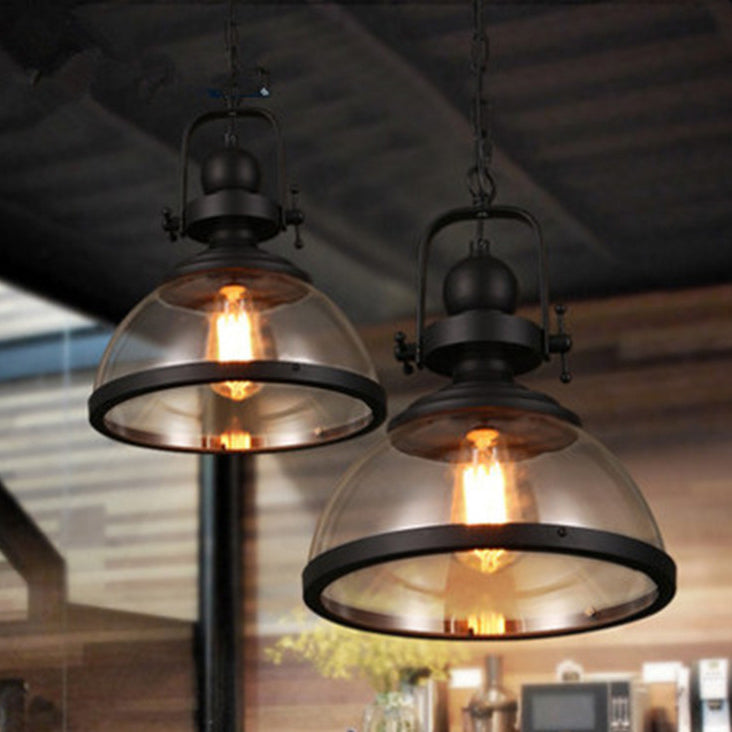 Zeitgenössische industrielle Kuppel Eisen Glas 1-Licht Pendelleuchte für Wohnzimmer 