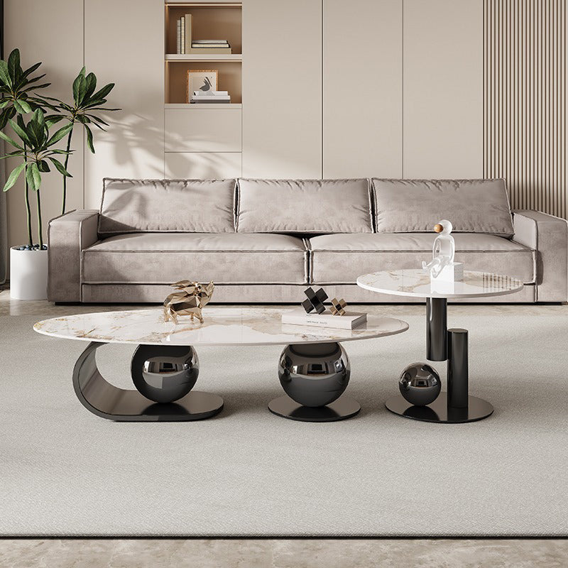Table basse contemporaine nordique elliptique ronde en pierre de roche en acier inoxydable pour salon 