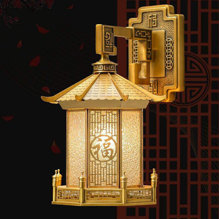 Lámpara de Aplique de Pared de 1 Luz en Forma de Cono de Cilindro de Vidrio de Acero Inoxidable de Latón Impermeable Tradicional Chino para Patio Exterior 