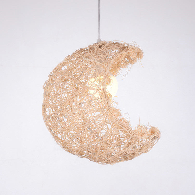 Traditional Japanese Weaving Bamboo Rattan Moon 1-Light Pendant Light For Dining Room