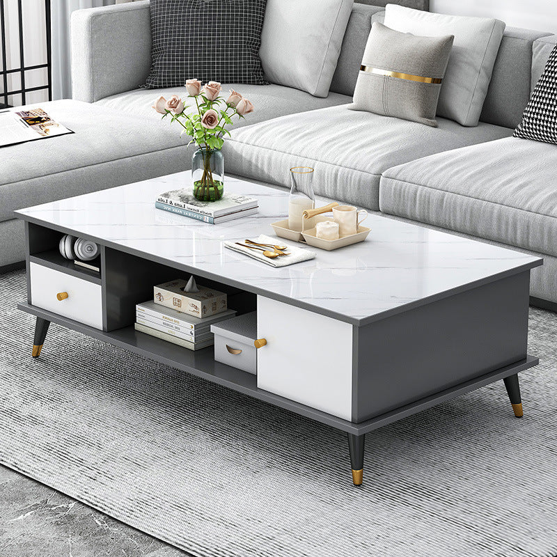 Mesa de café rectangular nórdica contemporánea de MDF y hierro con 1/2 cajón para sala de estar 