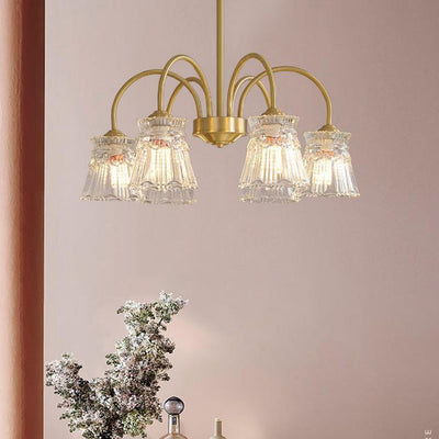 Zeitgenössische Retro gebogene Stange Blume Tasse Kupfer Glas 3/5/6 Licht Kronleuchter für Wohnzimmer 