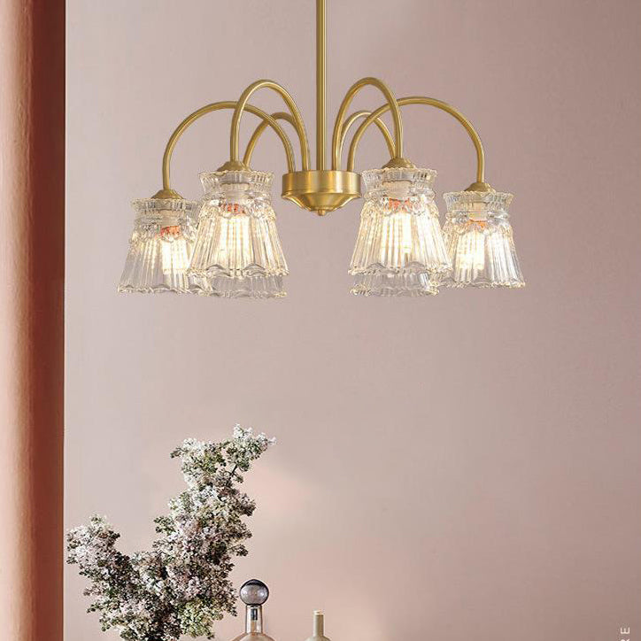 Zeitgenössische Retro gebogene Stange Blume Tasse Kupfer Glas 3/5/6 Licht Kronleuchter für Wohnzimmer 