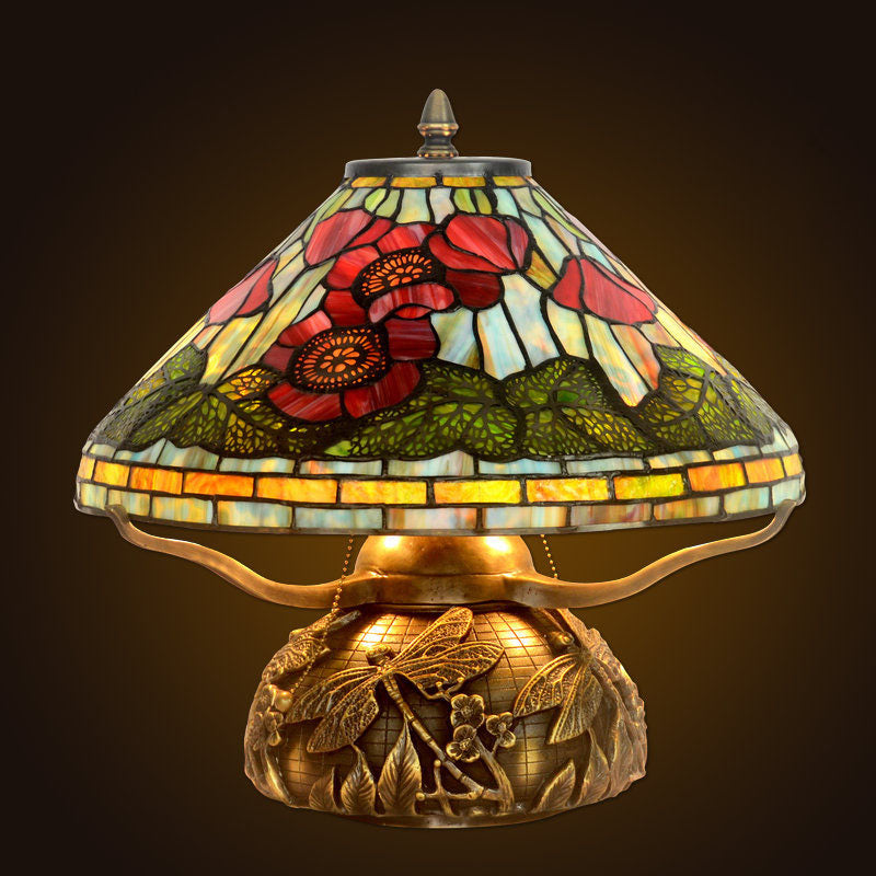 Tiffany Vintage Blumen Buntglas Kupferbasis 2-Licht Tischlampe 