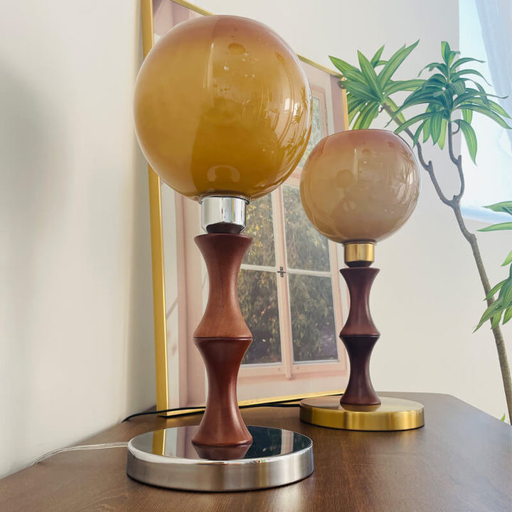 Französische Vintage Kugelglas Holz 1-Licht Tischlampe 