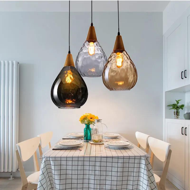 Zeitgenössische industrielle Wassertropfen Holz Glas 1-Licht Pendelleuchte für Wohnzimmer 