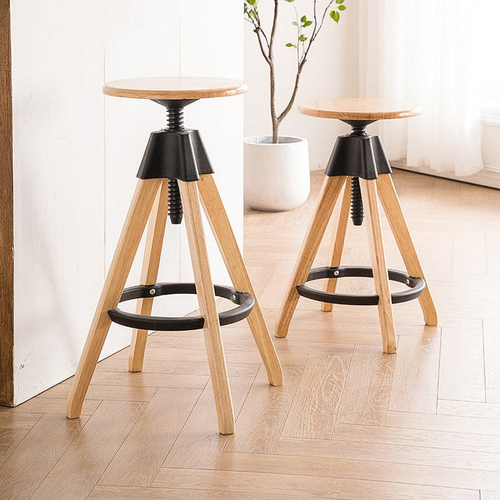 Traditioneller Vintage-Thekenhocker aus Gummibaumholz, rund, mit höhenverstellbarer Nylon-Gewindestange, drehbar, mit Fußstütze, für die Küche 
