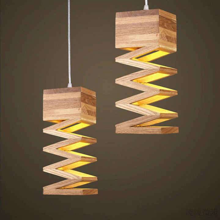 Traditional Japanese Wooden Spring Cube Shade 1-Light Pendant Light For Dining Room