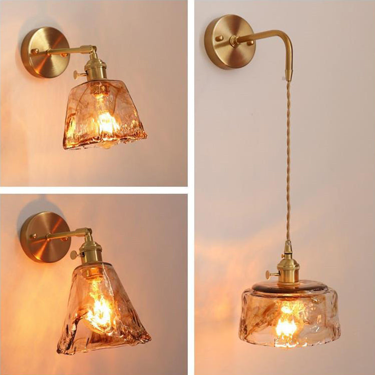 Modern Minimalist Eclectic Amber Glass Brass Iron Geometric 1-Light Wall Sconce Lamp For Living Room