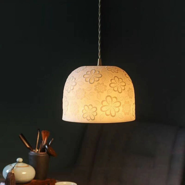 Contemporary Nordic Flower Pattern Ceramic Iron Brass Round Drum 1-Light Pendant Light