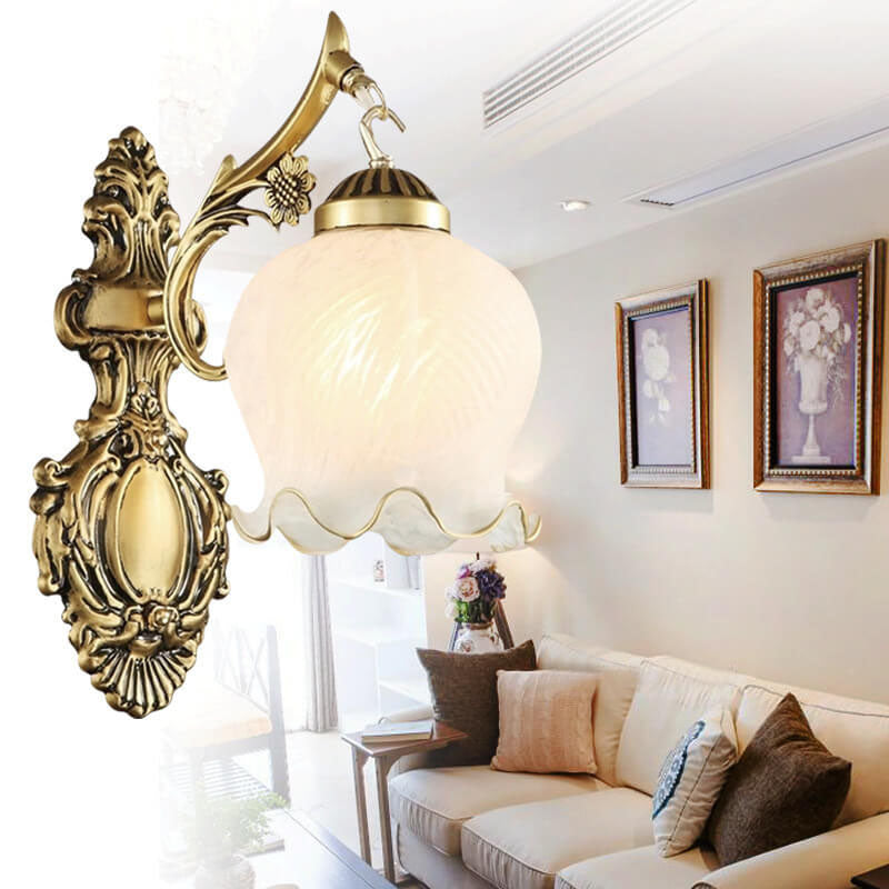 Aplique de pared de lujo ligero europeo de cobre completo con pantalla de flores 1/2 luces 