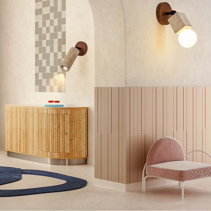 Traditionelle japanische gelbe Travertin zylindrische Spotlight 1-Licht Wandleuchte Lampe für Schlafzimmer 