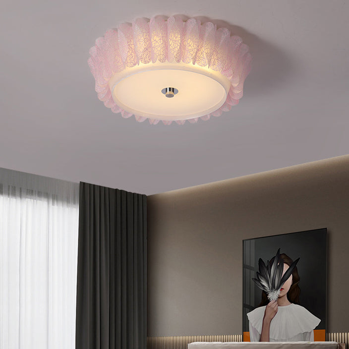 Plafonnier LED en fer acrylique rond plissé en dentelle nordique contemporain pour chambre à coucher 