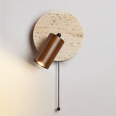 Moderne Mid-Century Runde Zylinder Massivholz Beige Travertin 1-Licht Wandleuchte Lampe für Schlafzimmer 