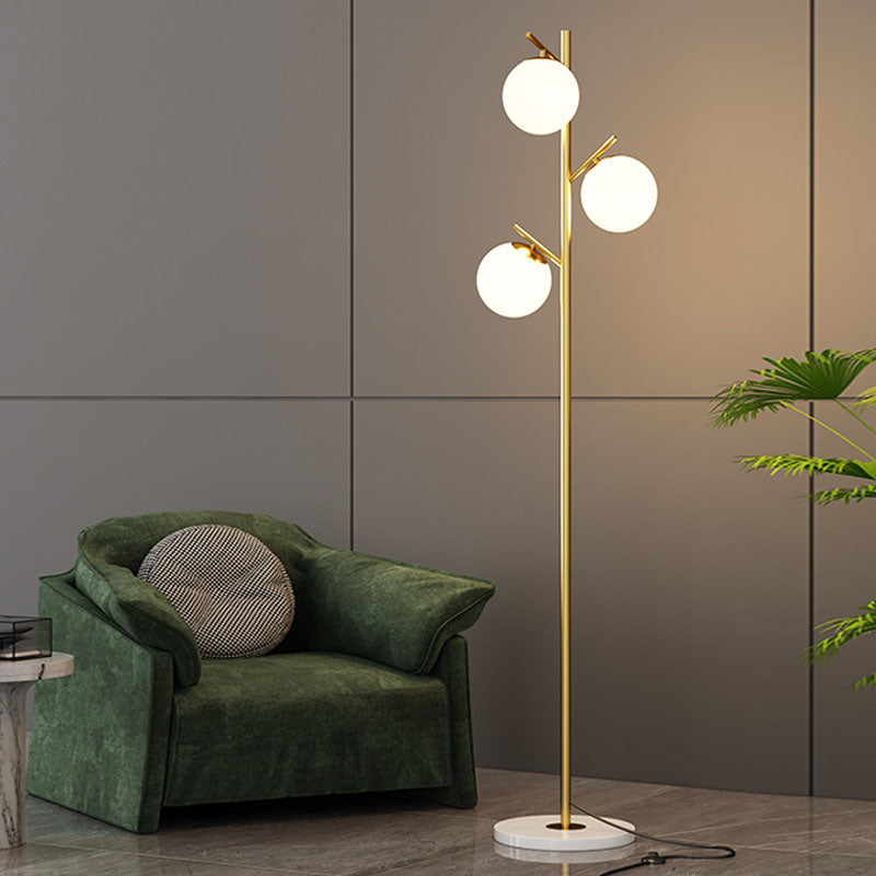 Contemporary Scandinavian Orb Pillar Metal Marble Glass 3-Light Standing Floor Lamp For Living Room